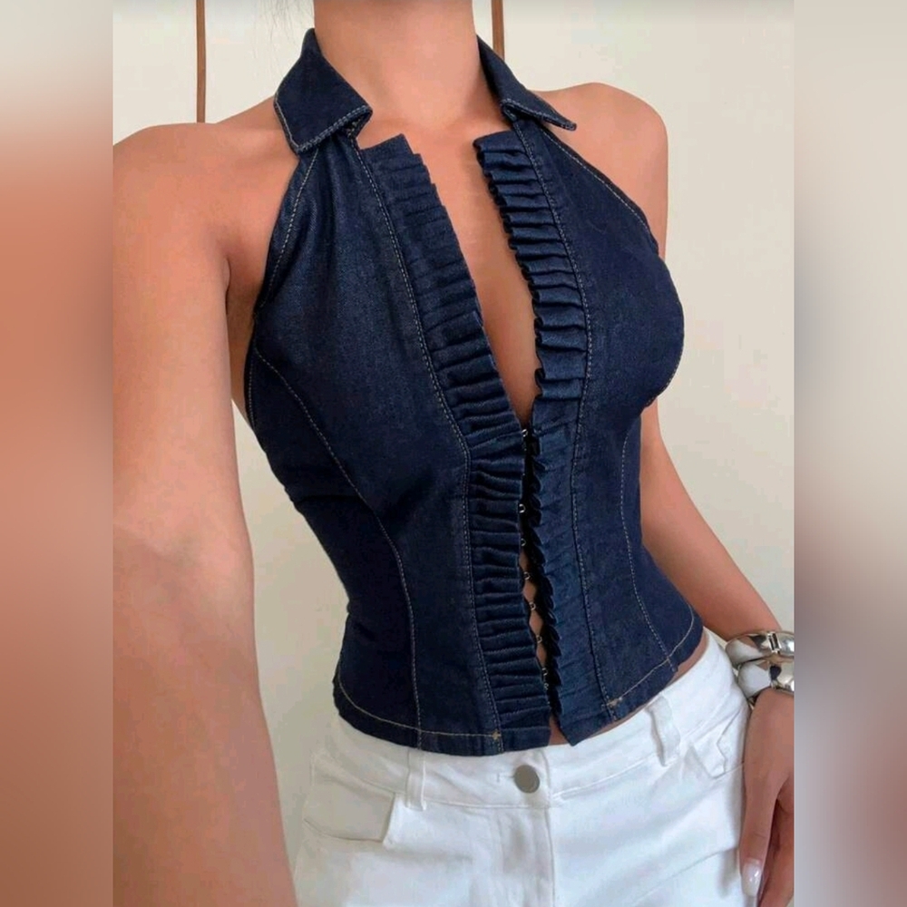 Dark Blue Denim Halter Ruffle Front Top